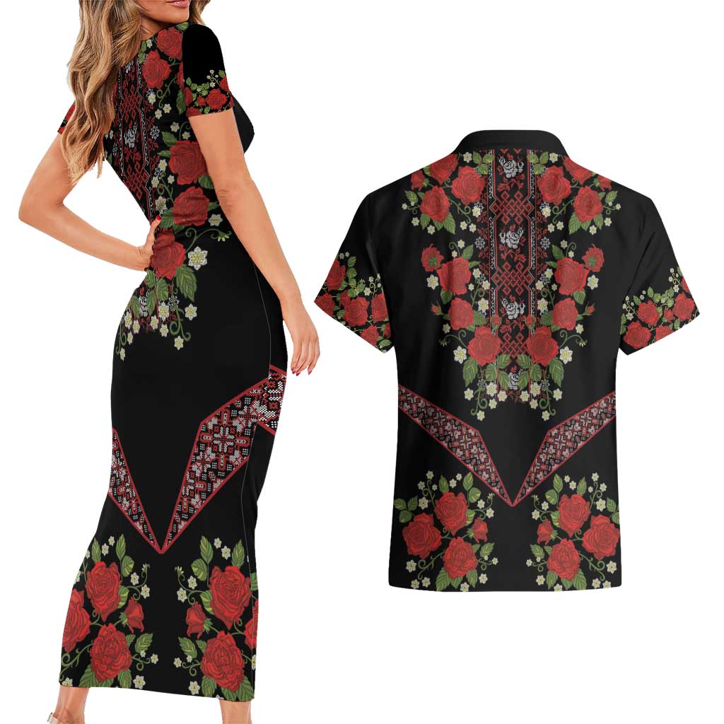 Traditional Ukrainian Costume Couples Matching Short Sleeve Bodycon Dress and Hawaiian Shirt Red Floral Embroidery Style