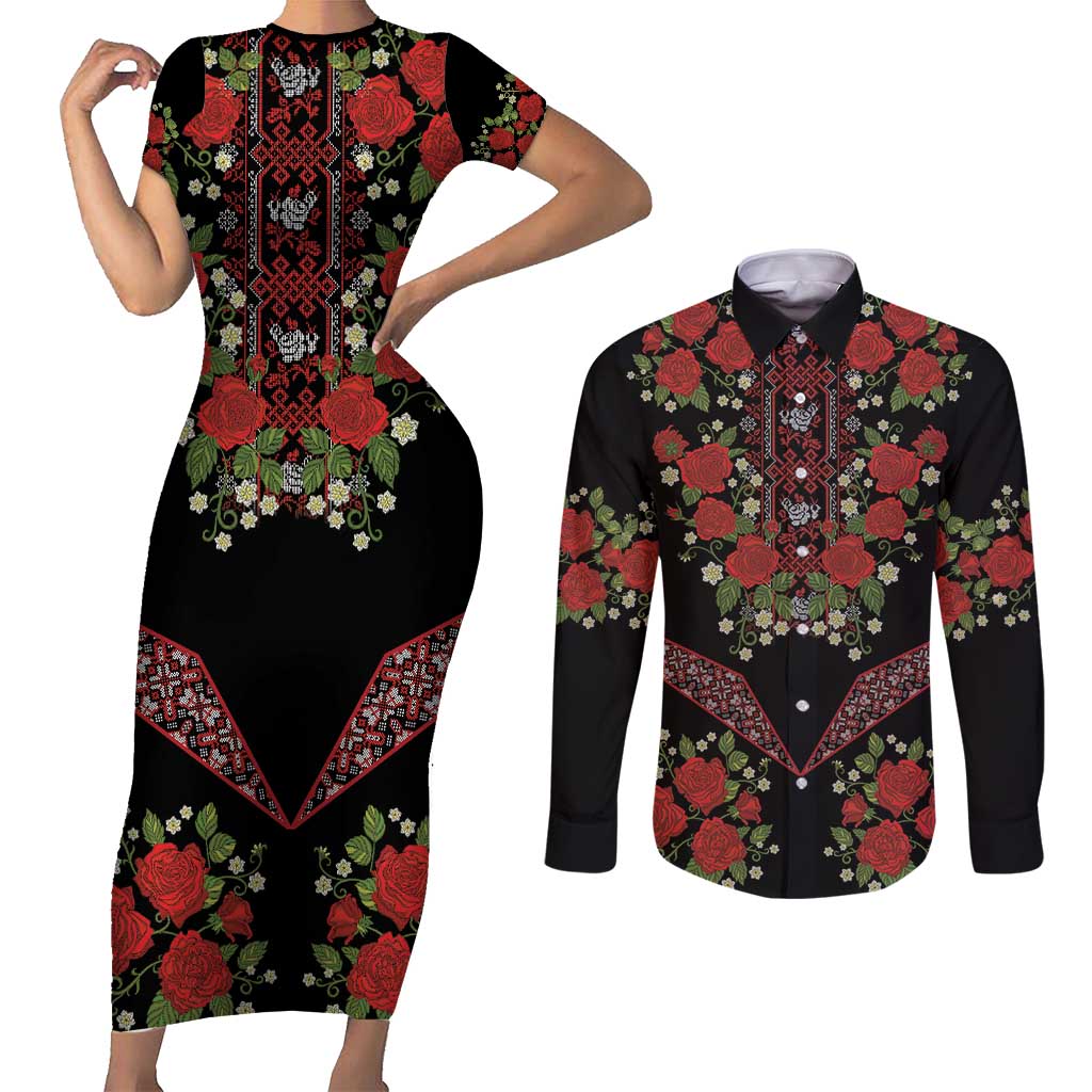 Traditional Ukrainian Costume Couples Matching Short Sleeve Bodycon Dress and Long Sleeve Button Shirt Red Floral Embroidery Style