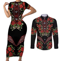 Traditional Ukrainian Costume Couples Matching Short Sleeve Bodycon Dress and Long Sleeve Button Shirt Red Floral Embroidery Style
