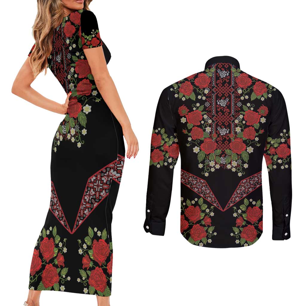 Traditional Ukrainian Costume Couples Matching Short Sleeve Bodycon Dress and Long Sleeve Button Shirt Red Floral Embroidery Style