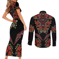 Traditional Ukrainian Costume Couples Matching Short Sleeve Bodycon Dress and Long Sleeve Button Shirt Red Floral Embroidery Style