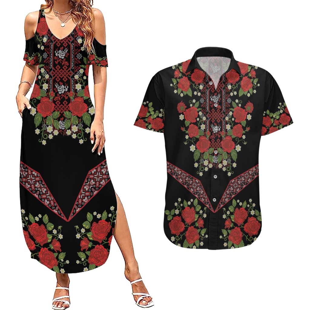 Traditional Ukrainian Costume Couples Matching Summer Maxi Dress and Hawaiian Shirt Red Floral Embroidery Style