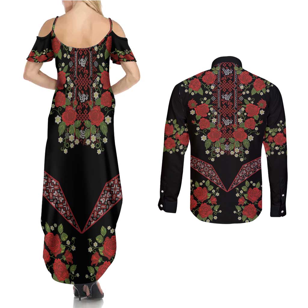 Traditional Ukrainian Costume Couples Matching Summer Maxi Dress and Long Sleeve Button Shirt Red Floral Embroidery Style