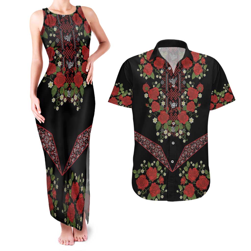 Traditional Ukrainian Costume Couples Matching Tank Maxi Dress and Hawaiian Shirt Red Floral Embroidery Style