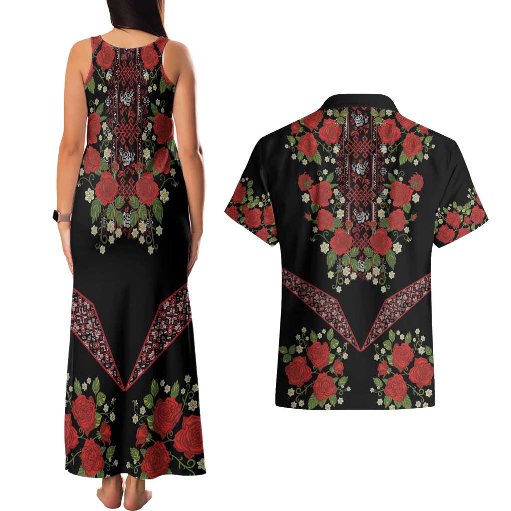 Traditional Ukrainian Costume Couples Matching Tank Maxi Dress and Hawaiian Shirt Red Floral Embroidery Style