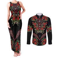 Traditional Ukrainian Costume Couples Matching Tank Maxi Dress and Long Sleeve Button Shirt Red Floral Embroidery Style