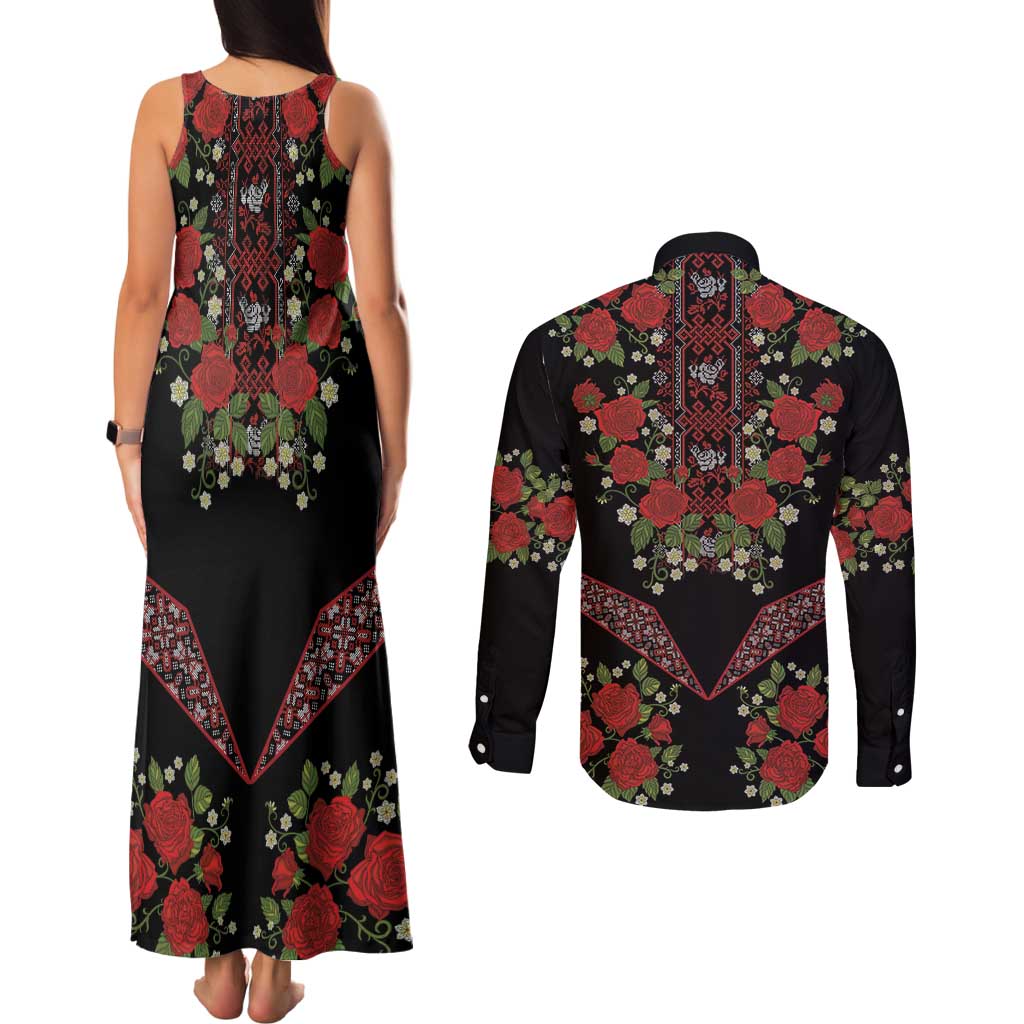 Traditional Ukrainian Costume Couples Matching Tank Maxi Dress and Long Sleeve Button Shirt Red Floral Embroidery Style