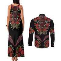 Traditional Ukrainian Costume Couples Matching Tank Maxi Dress and Long Sleeve Button Shirt Red Floral Embroidery Style