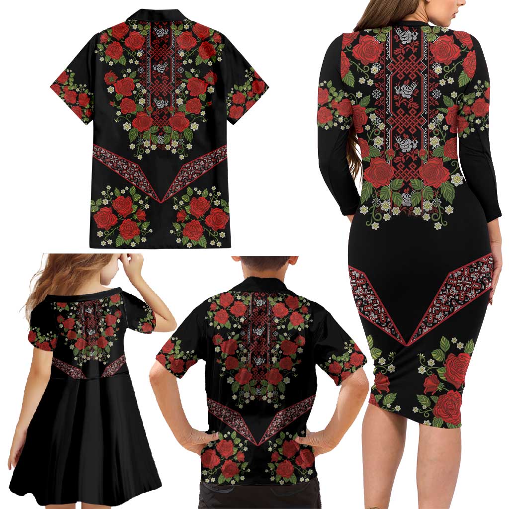 Traditional Ukrainian Costume Family Matching Long Sleeve Bodycon Dress and Hawaiian Shirt Red Floral Embroidery Style