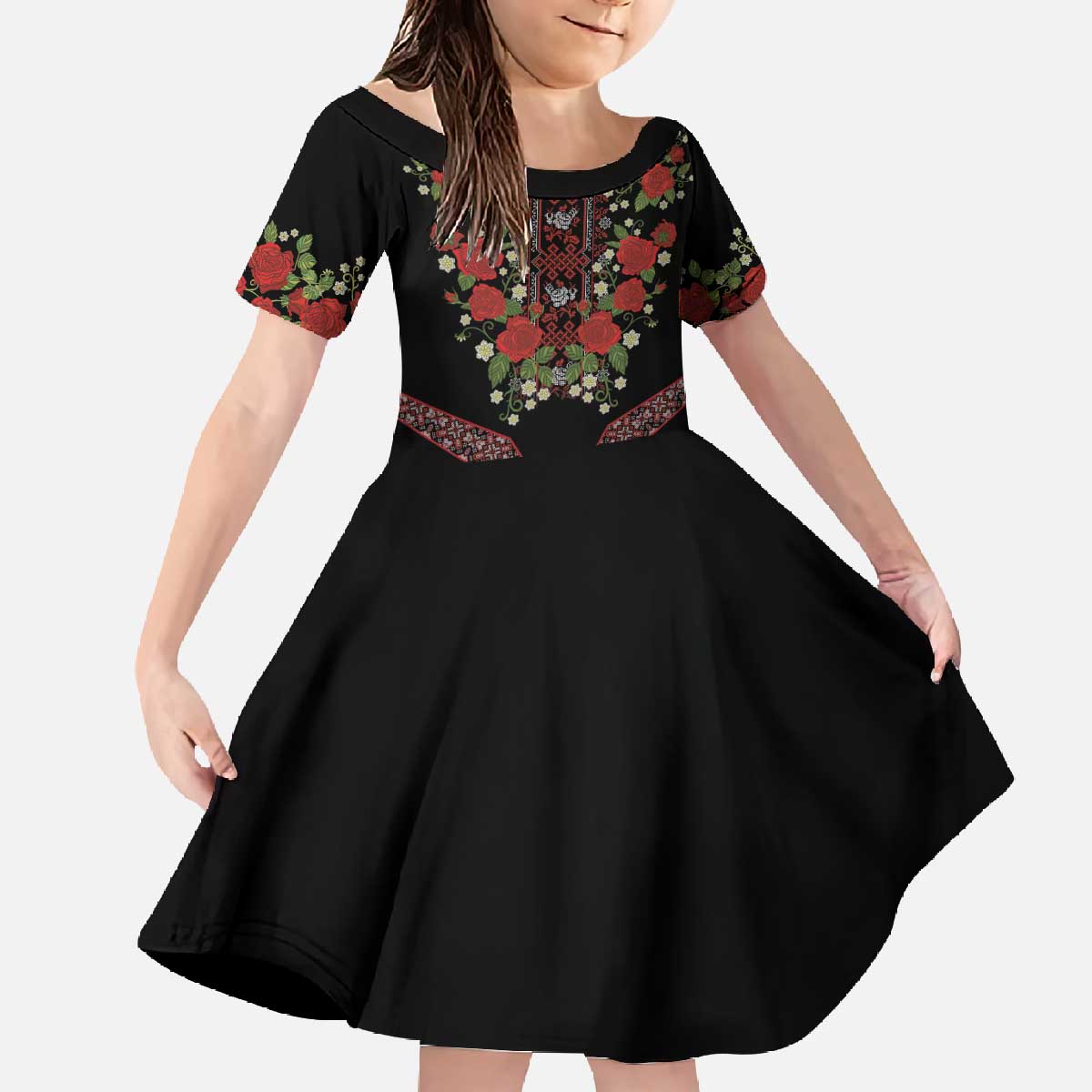 Traditional Ukrainian Costume Family Matching Off The Shoulder Long Sleeve Dress and Hawaiian Shirt Red Floral Embroidery Style