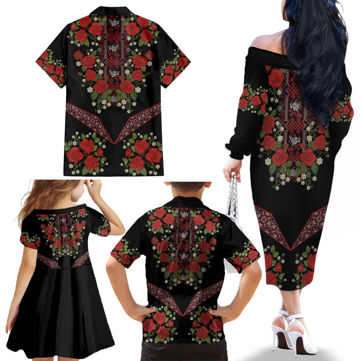 Traditional Ukrainian Costume Family Matching Off The Shoulder Long Sleeve Dress and Hawaiian Shirt Red Floral Embroidery Style