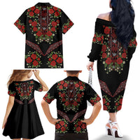 Traditional Ukrainian Costume Family Matching Off The Shoulder Long Sleeve Dress and Hawaiian Shirt Red Floral Embroidery Style