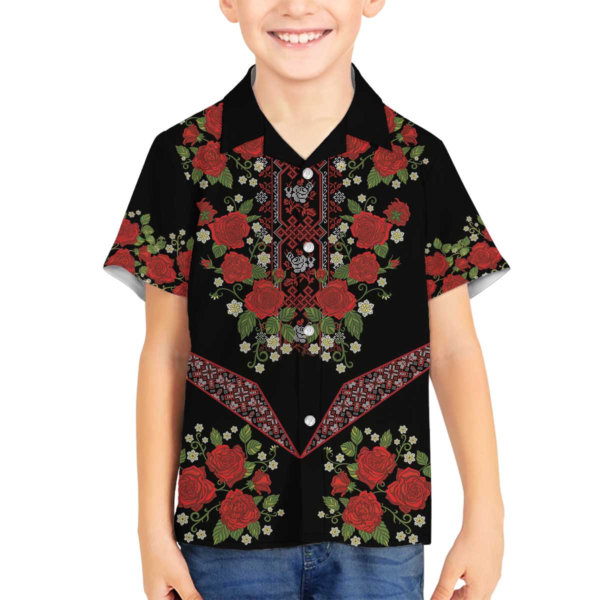Traditional Ukrainian Costume Family Matching Off The Shoulder Long Sleeve Dress and Hawaiian Shirt Red Floral Embroidery Style