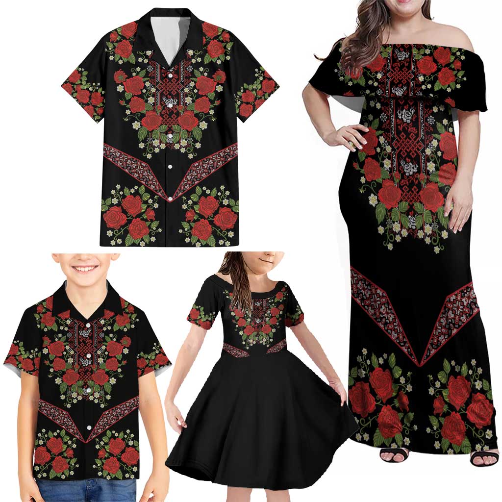 Traditional Ukrainian Costume Family Matching Off Shoulder Maxi Dress and Hawaiian Shirt Red Floral Embroidery Style