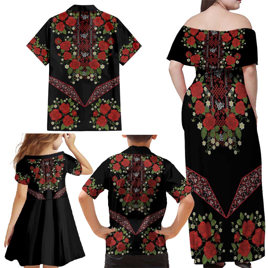 Traditional Ukrainian Costume Family Matching Off Shoulder Maxi Dress and Hawaiian Shirt Red Floral Embroidery Style