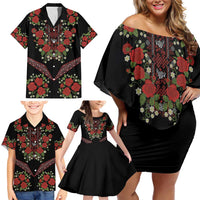 Traditional Ukrainian Costume Family Matching Off Shoulder Short Dress and Hawaiian Shirt Red Floral Embroidery Style