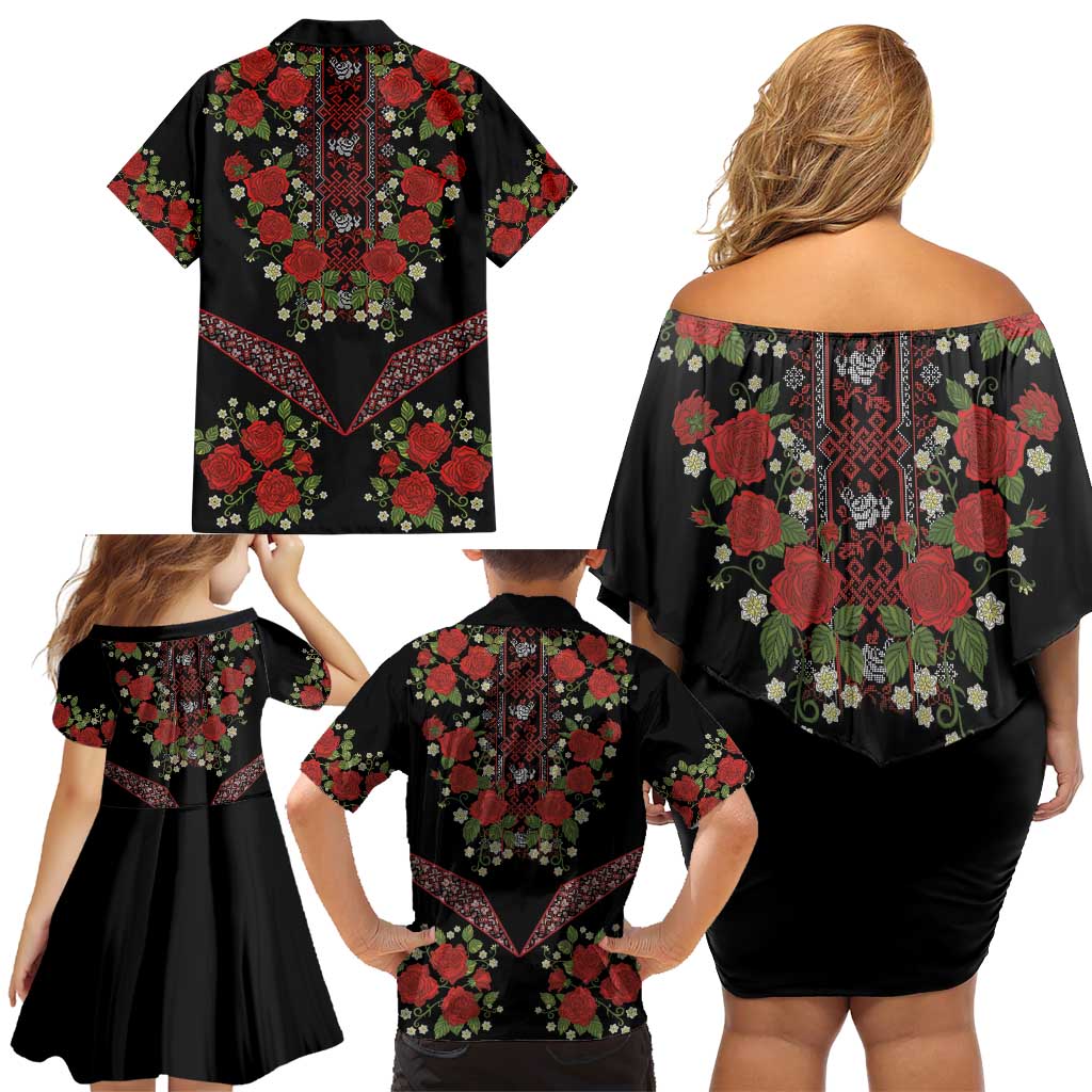Traditional Ukrainian Costume Family Matching Off Shoulder Short Dress and Hawaiian Shirt Red Floral Embroidery Style