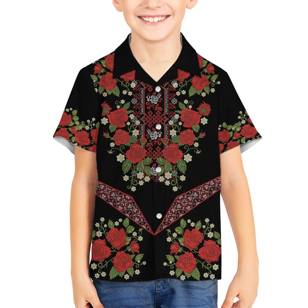 Traditional Ukrainian Costume Family Matching Off Shoulder Short Dress and Hawaiian Shirt Red Floral Embroidery Style