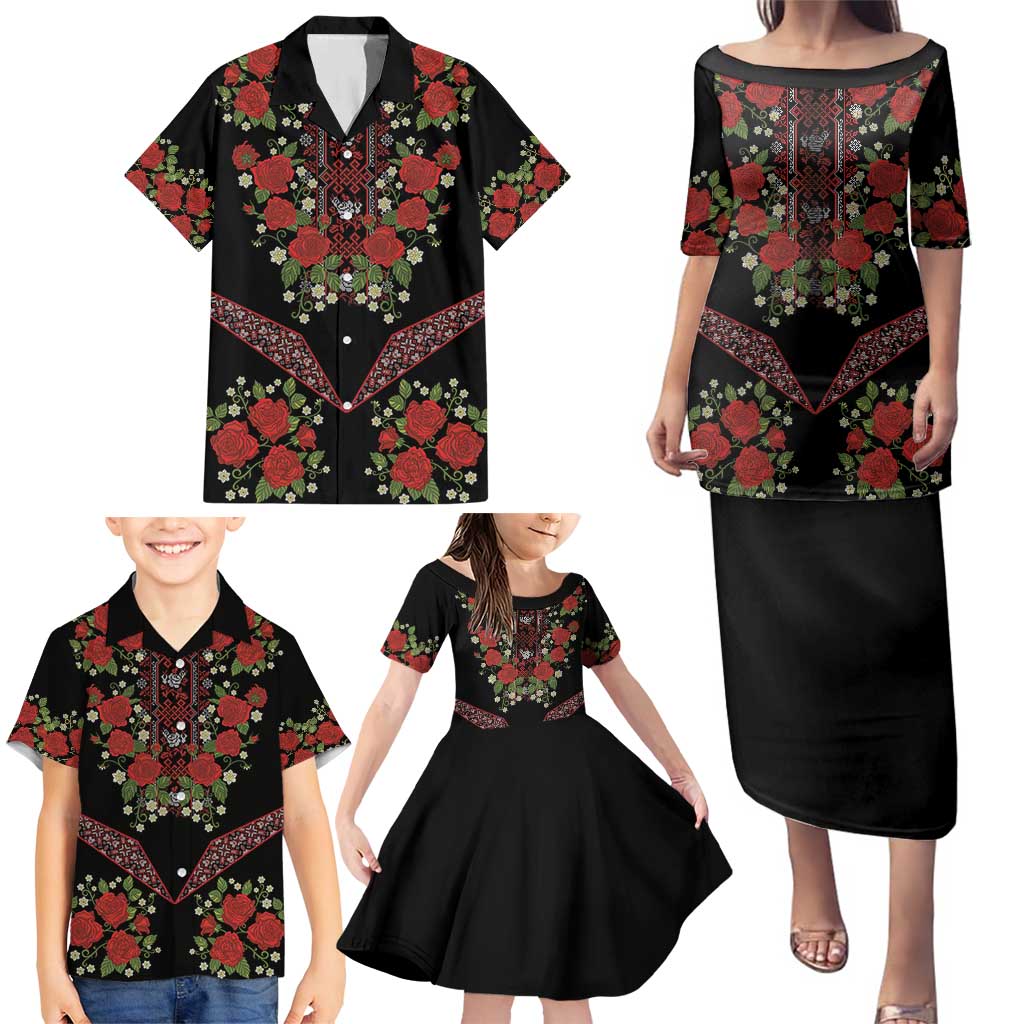 Traditional Ukrainian Costume Family Matching Puletasi and Hawaiian Shirt Red Floral Embroidery Style