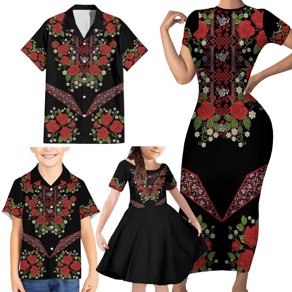 Traditional Ukrainian Costume Family Matching Short Sleeve Bodycon Dress and Hawaiian Shirt Red Floral Embroidery Style