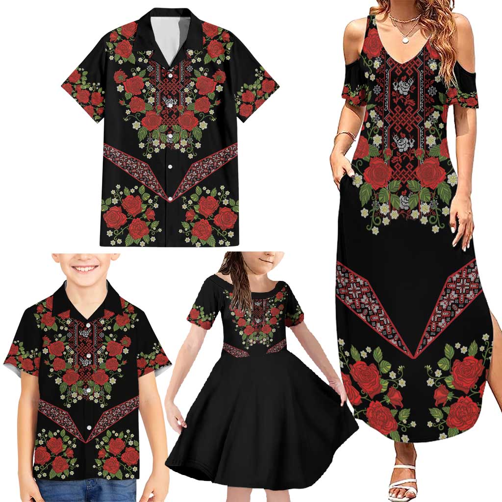 Traditional Ukrainian Costume Family Matching Summer Maxi Dress and Hawaiian Shirt Red Floral Embroidery Style
