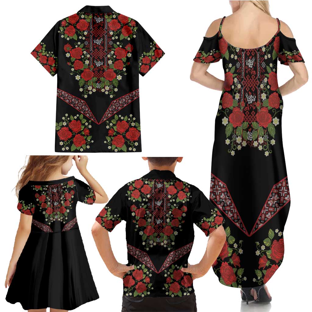 Traditional Ukrainian Costume Family Matching Summer Maxi Dress and Hawaiian Shirt Red Floral Embroidery Style
