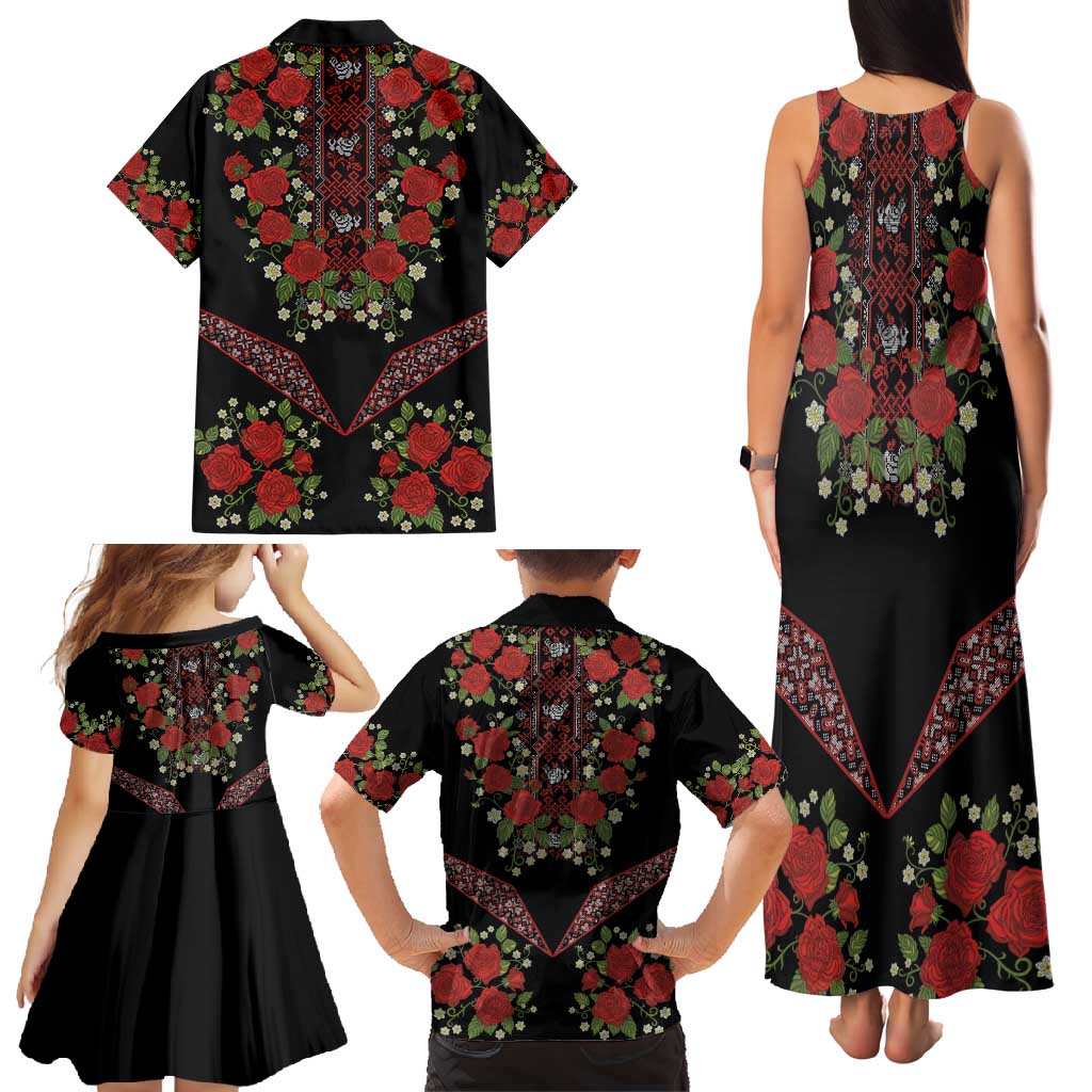 Traditional Ukrainian Costume Family Matching Tank Maxi Dress and Hawaiian Shirt Red Floral Embroidery Style