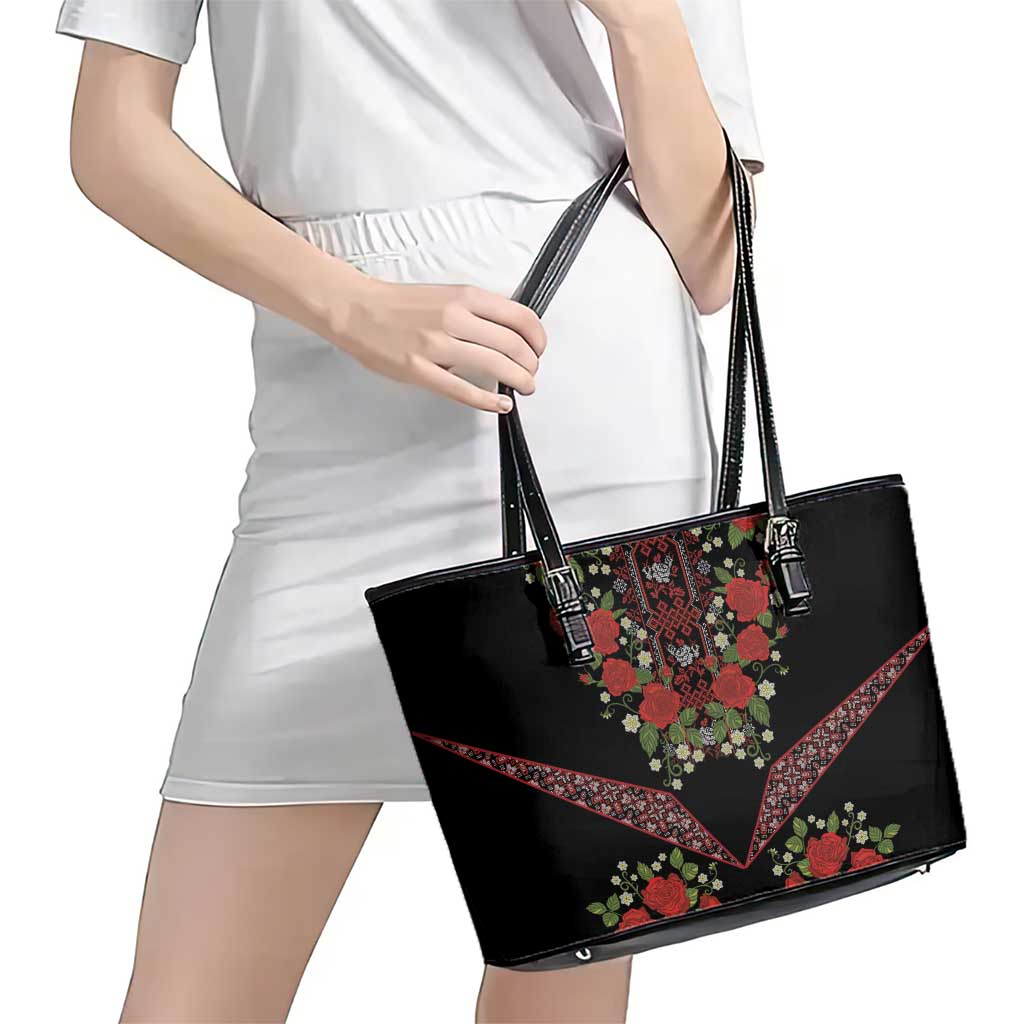 Traditional Ukrainian Costume Leather Tote Bag Red Floral Embroidery Style