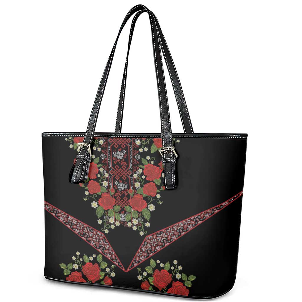 Traditional Ukrainian Costume Leather Tote Bag Red Floral Embroidery Style