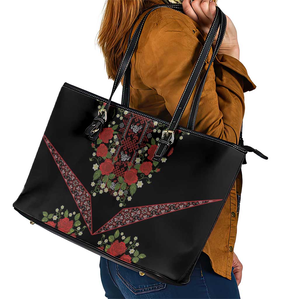 Traditional Ukrainian Costume Leather Tote Bag Red Floral Embroidery Style