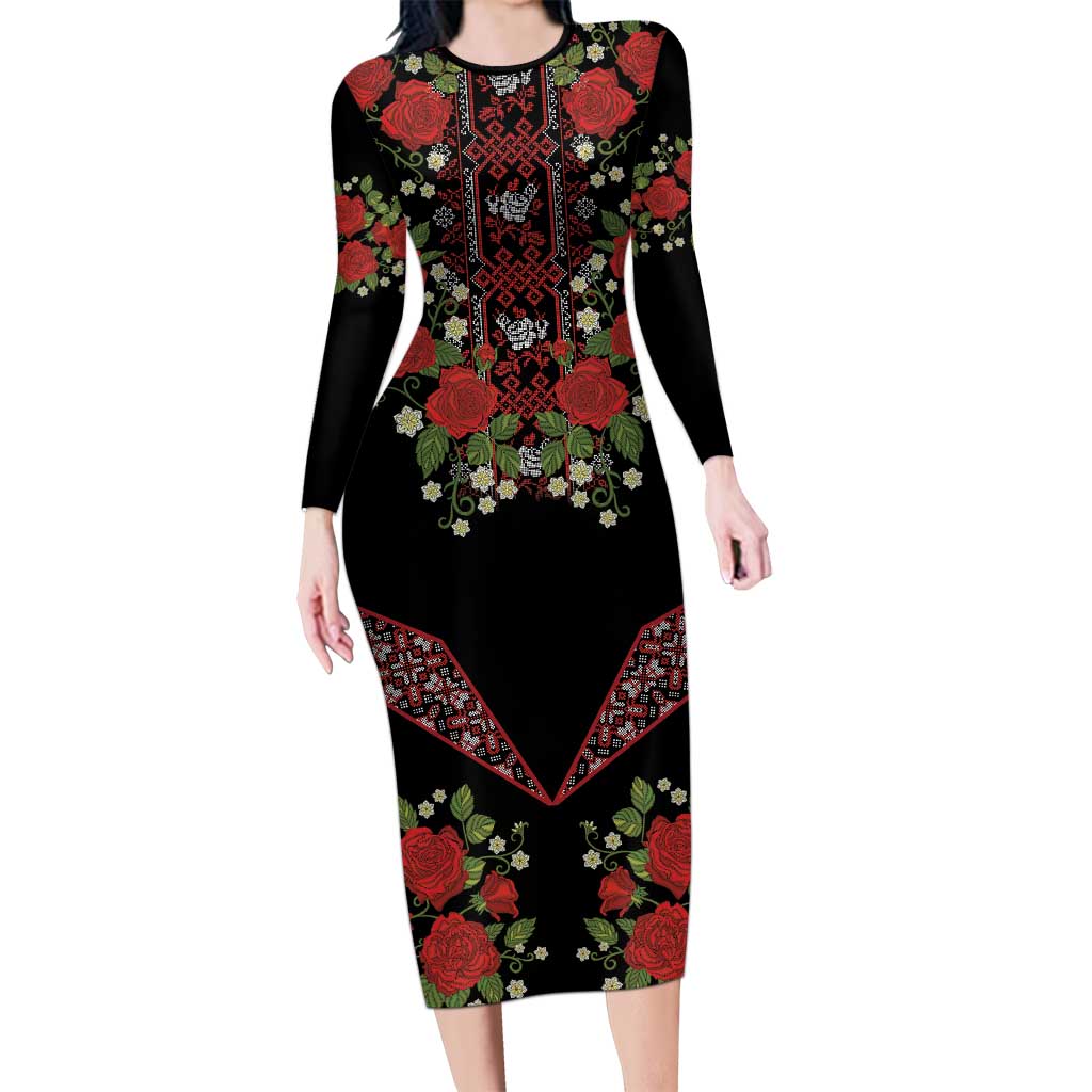 Traditional Ukrainian Costume Long Sleeve Bodycon Dress Red Floral Embroidery Style