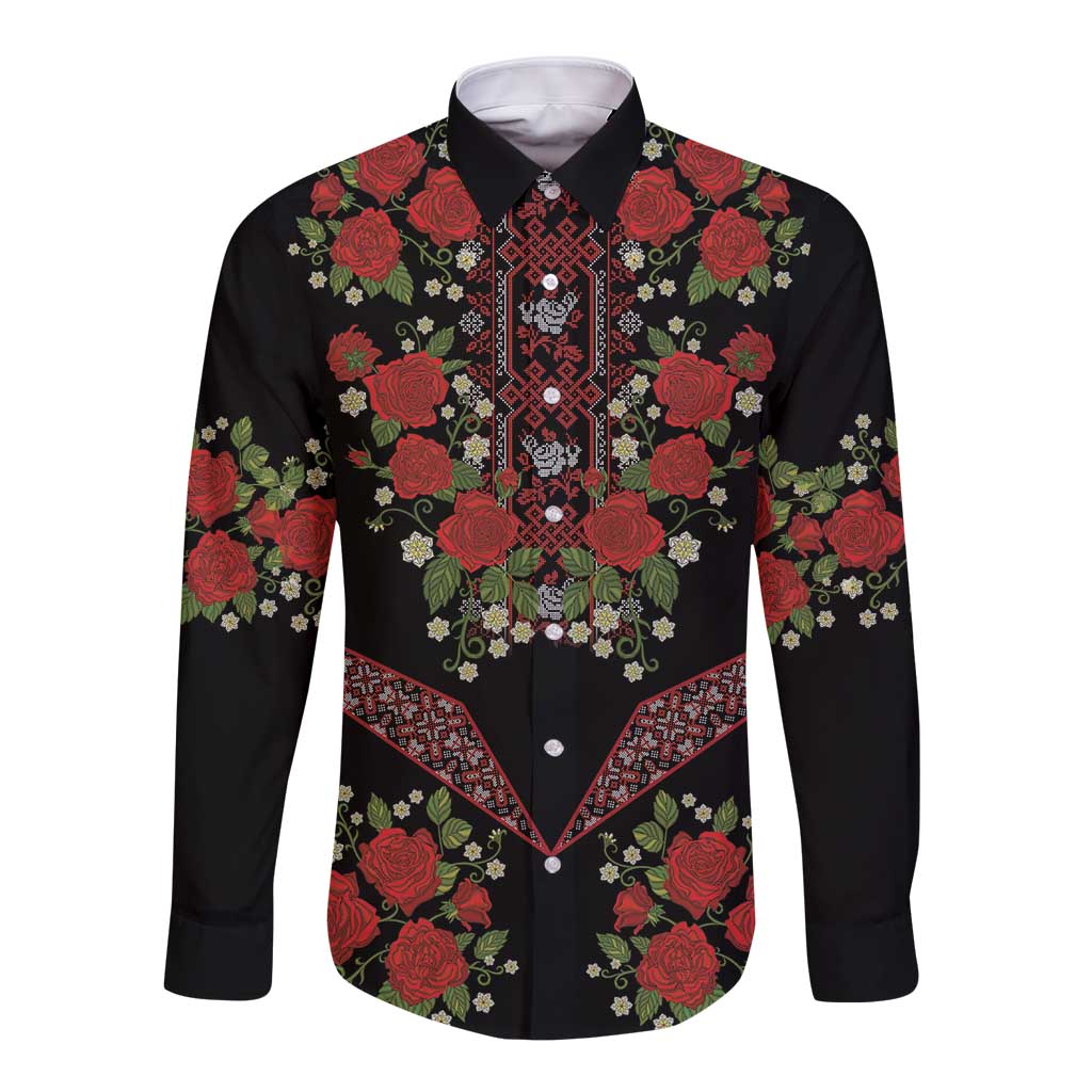 Traditional Ukrainian Costume Long Sleeve Button Shirt Red Floral Embroidery Style