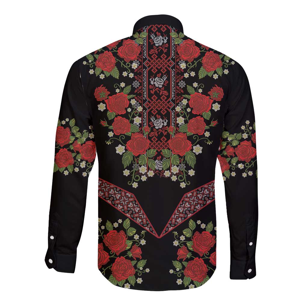 Traditional Ukrainian Costume Long Sleeve Button Shirt Red Floral Embroidery Style