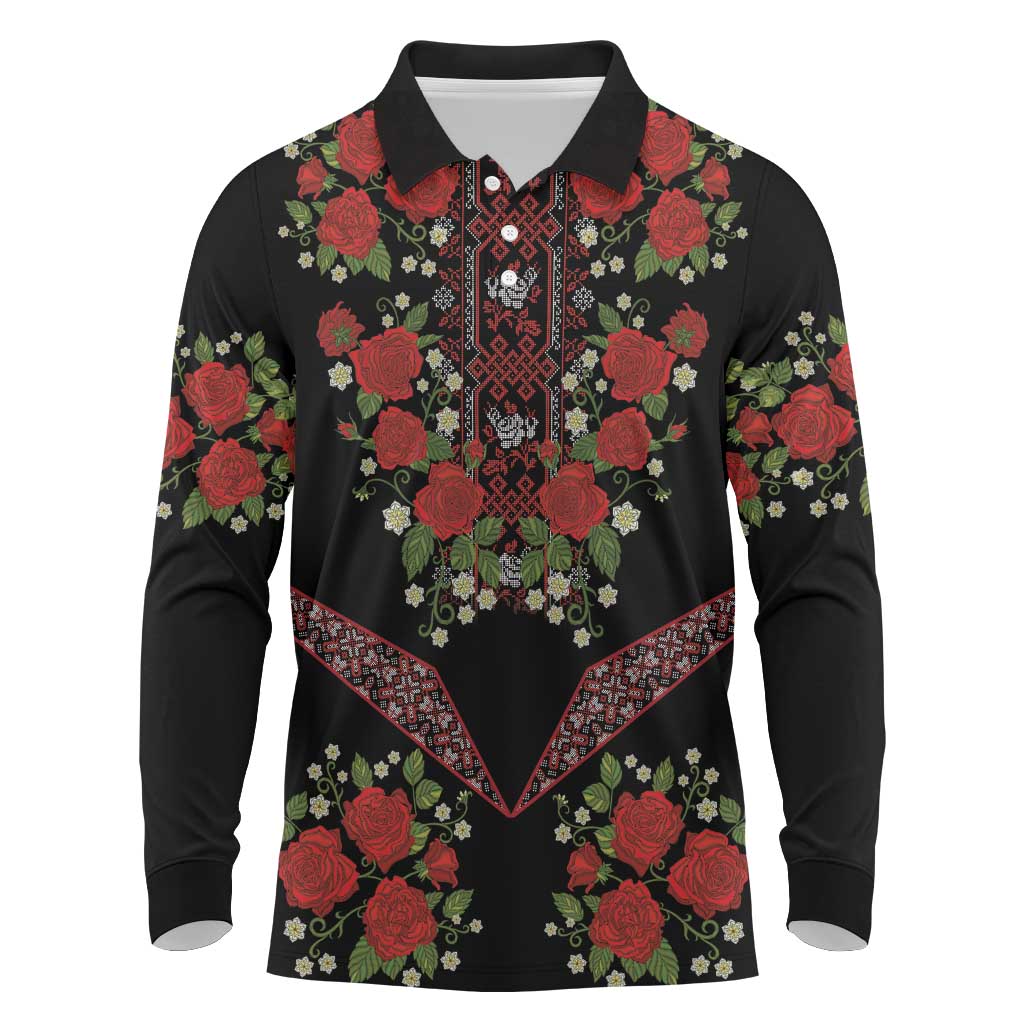 Traditional Ukrainian Costume Long Sleeve Polo Shirt Red Floral Embroidery Style
