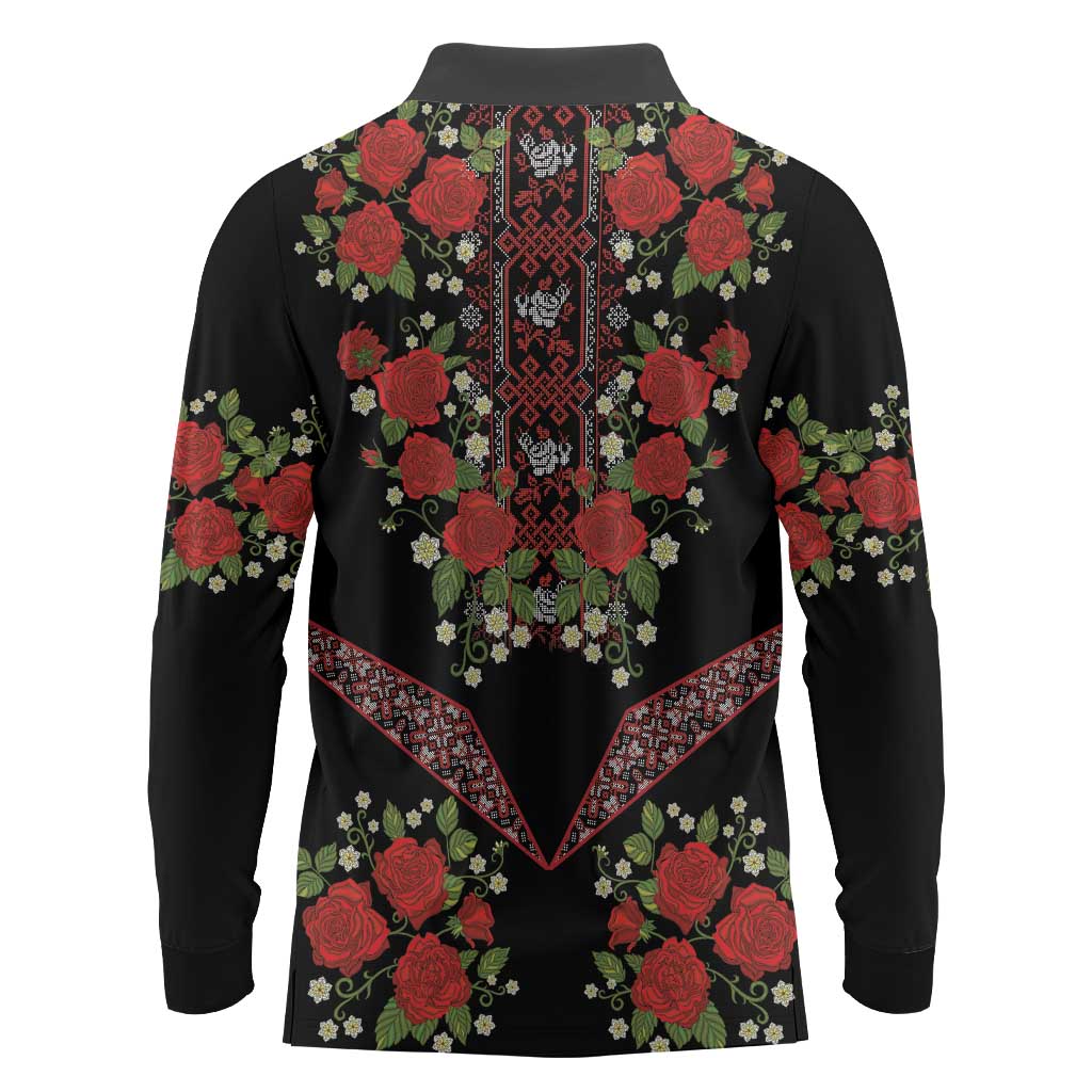 Traditional Ukrainian Costume Long Sleeve Polo Shirt Red Floral Embroidery Style