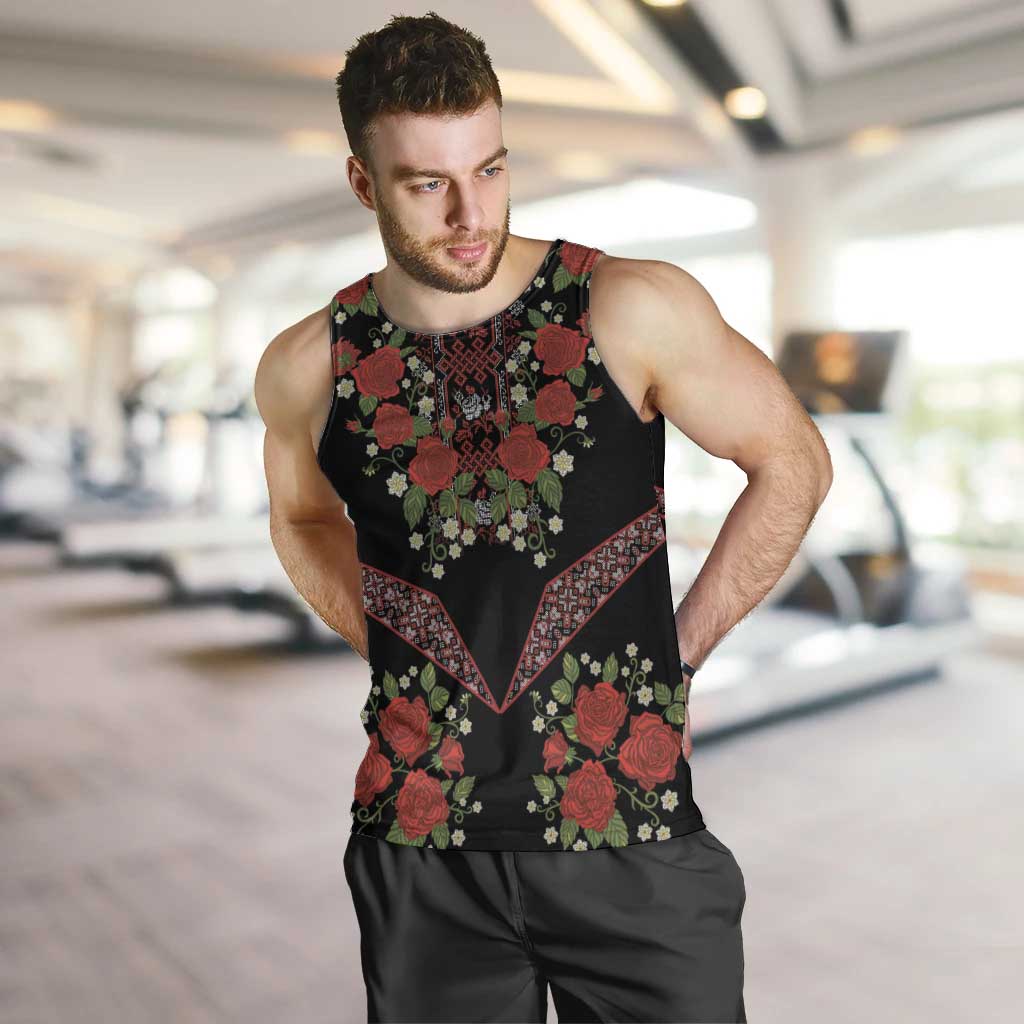 Traditional Ukrainian Costume Men Tank Top Red Floral Embroidery Style
