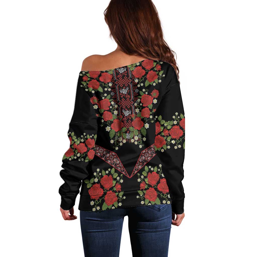 Traditional Ukrainian Costume Off Shoulder Sweater Red Floral Embroidery Style