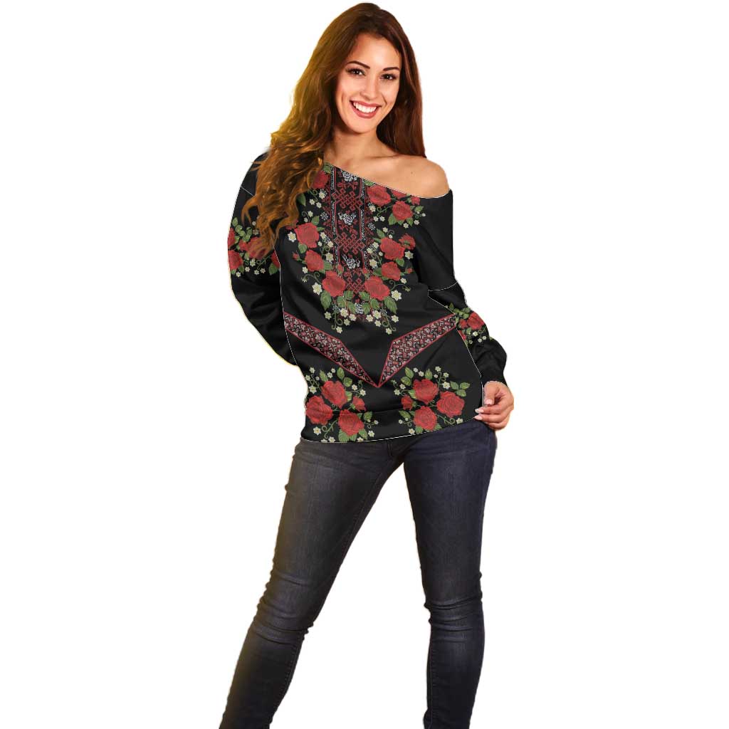 Traditional Ukrainian Costume Off Shoulder Sweater Red Floral Embroidery Style