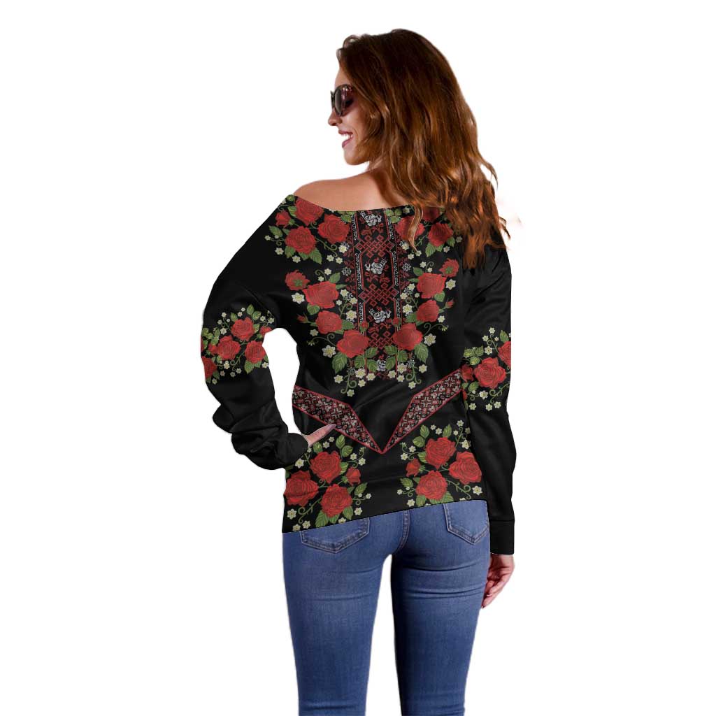 Traditional Ukrainian Costume Off Shoulder Sweater Red Floral Embroidery Style
