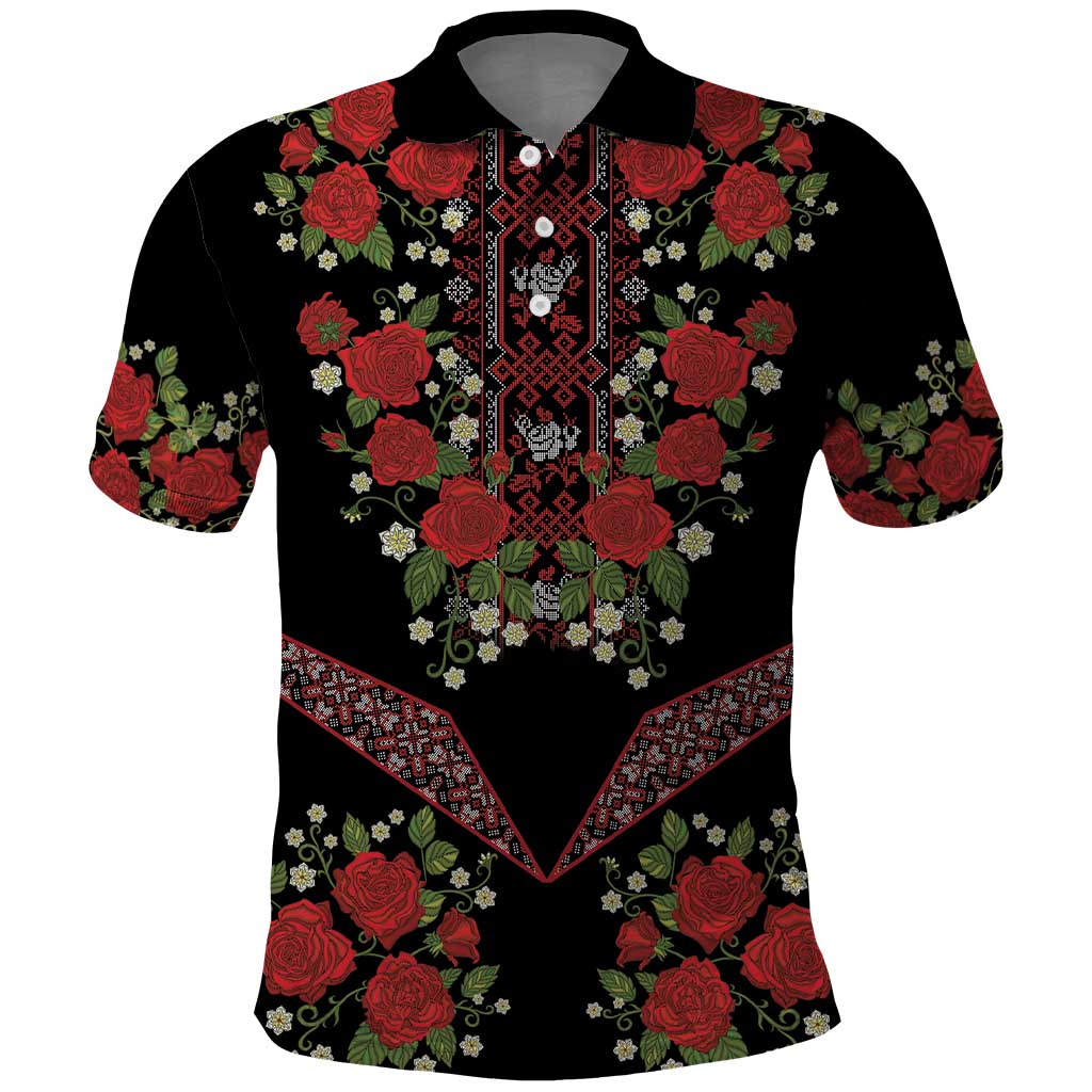 Traditional Ukrainian Costume Polo Shirt Red Floral Embroidery Style