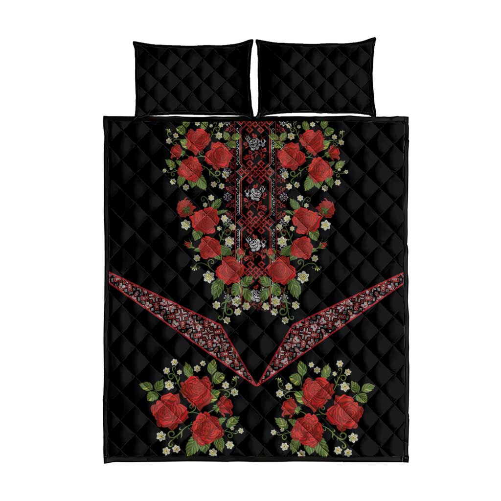 Traditional Ukrainian Costume Quilt Bed Set Red Floral Embroidery Style