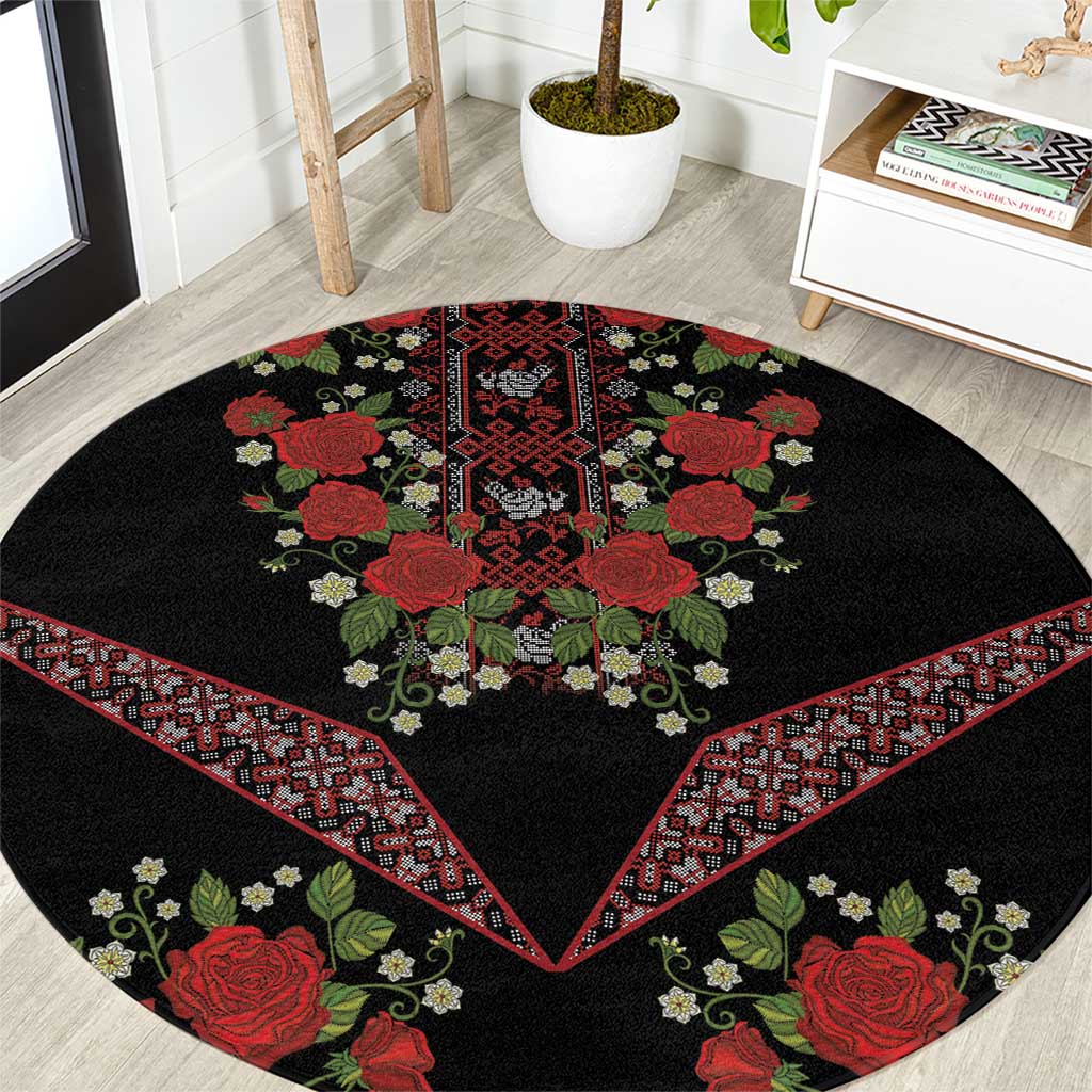 Traditional Ukrainian Costume Round Carpet Red Floral Embroidery Style