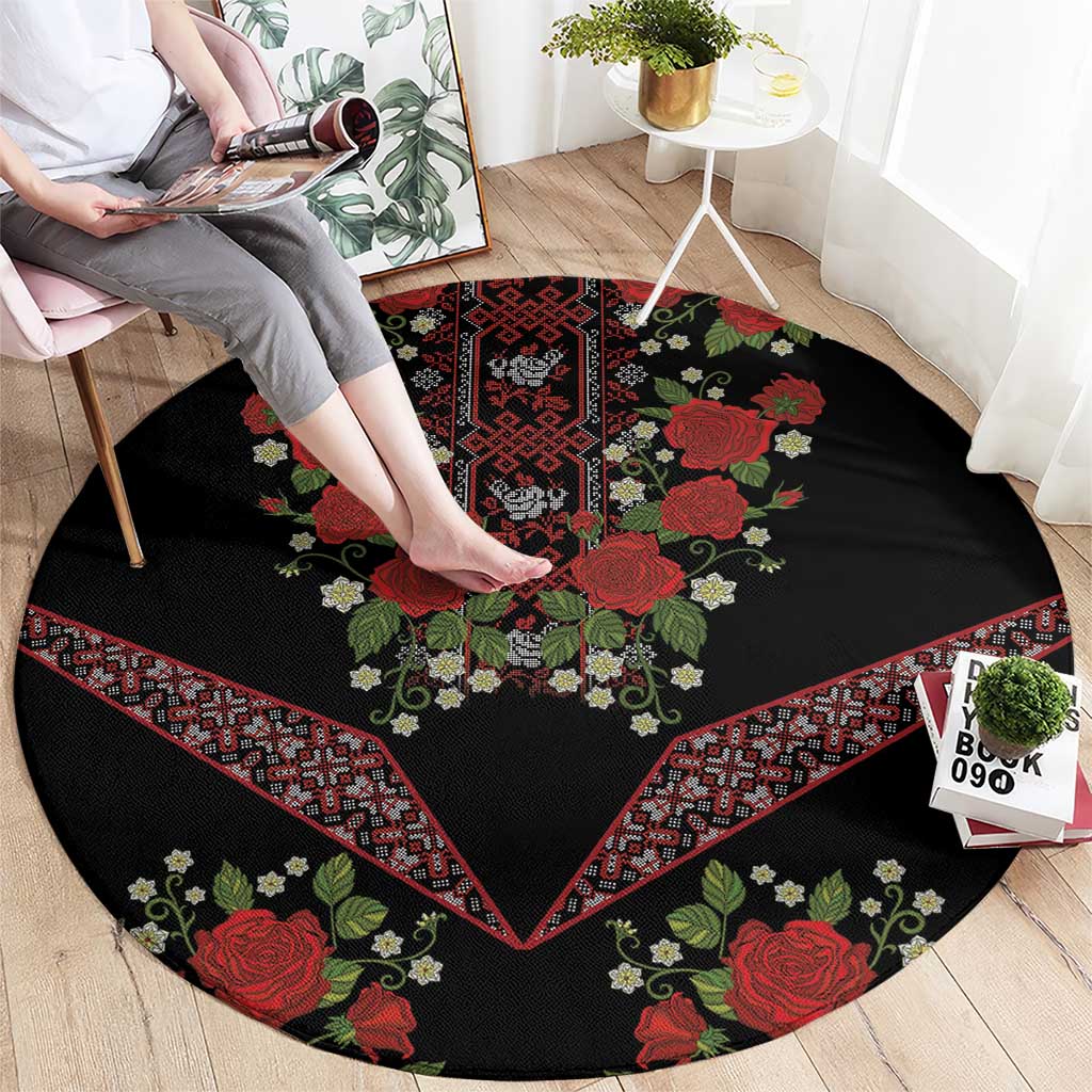 Traditional Ukrainian Costume Round Carpet Red Floral Embroidery Style