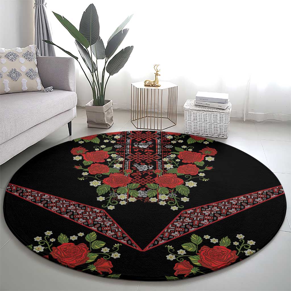 Traditional Ukrainian Costume Round Carpet Red Floral Embroidery Style