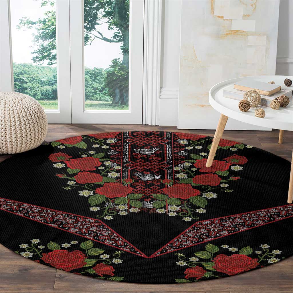 Traditional Ukrainian Costume Round Carpet Red Floral Embroidery Style