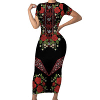 Traditional Ukrainian Costume Short Sleeve Bodycon Dress Red Floral Embroidery Style