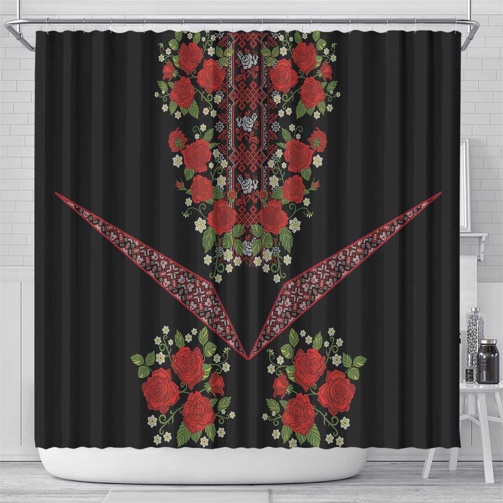 Traditional Ukrainian Costume Shower Curtain Red Floral Embroidery Style