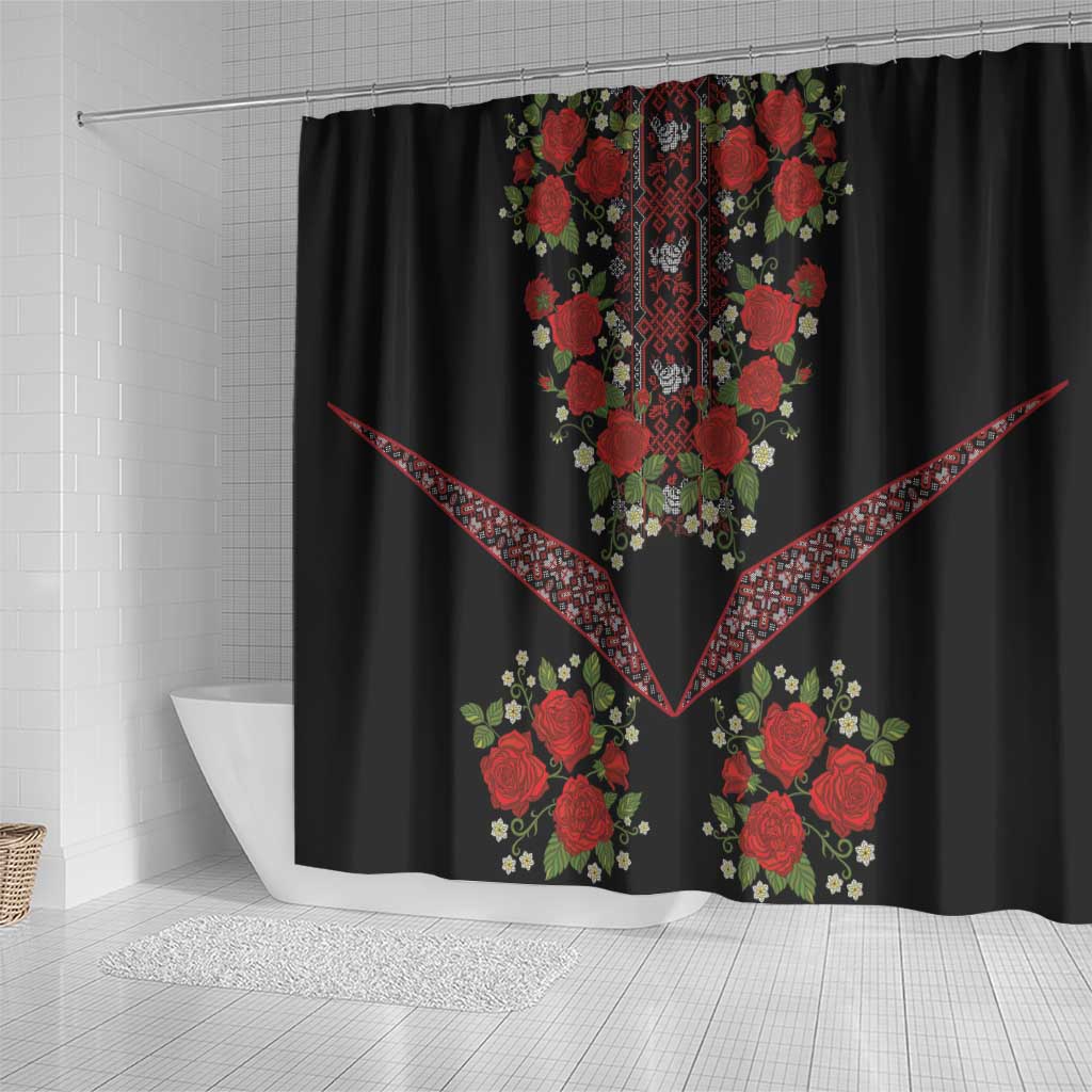 Traditional Ukrainian Costume Shower Curtain Red Floral Embroidery Style