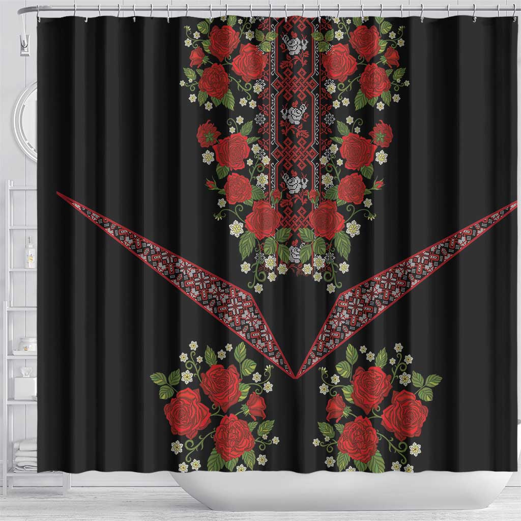 Traditional Ukrainian Costume Shower Curtain Red Floral Embroidery Style