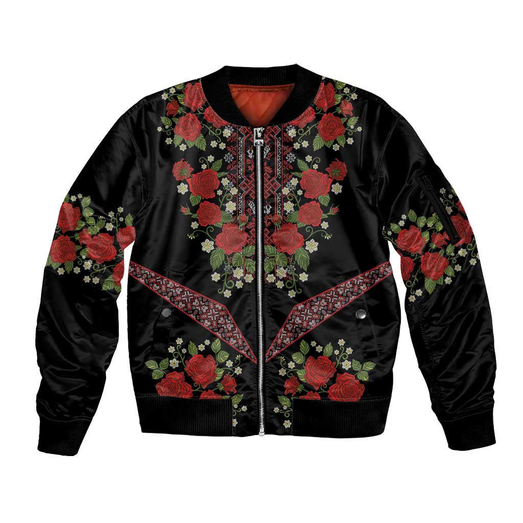 Traditional Ukrainian Costume Sleeve Zip Bomber Jacket Red Floral Embroidery Style